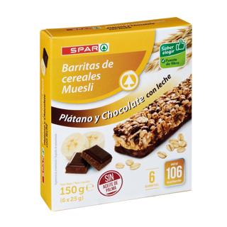 Barritas Spar de cereales muesli plátano y chocolate con leche 6x125gr