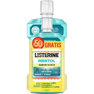 Enjuague Listerine mentol zero alcohol sabor suave 500+250ml 750ml