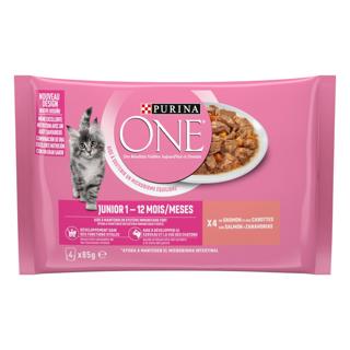 Comida Húmeda para gatos Purina One junior de salmón y zanahorias 4x85gr