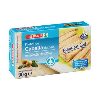 Filetes de Caballa Spar del sur en aceite de oliva bajo en sal lata 90gr