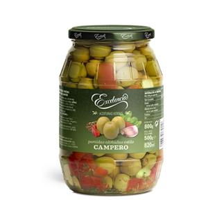 Aceitunas Excelencia verdes partidas aliñadas al estilo campero tarro 730gr