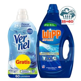 Detergente Wipp Express máq.líq.limpieza profunda 35lav+Suavizante Vernel Cielo Azul 60lav gratis