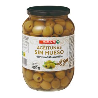 Aceitunas Spar sin hueso variedad manzanilla en frasco 800gr