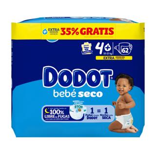 Pañales Dodot bebé seco extra jumbo talla 4+ de 10 a 15kg 62ud