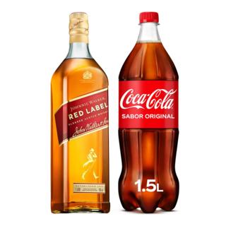 Whisky Johnnie Walker etiqueta roja 1L + 1 Botella Coca Cola 1,5 L.