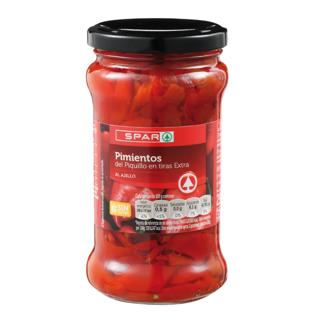 Pimientos Spar piquillo en tiras al ajillo frasco 290gr