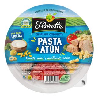 Ensalada Florette completa pasta y atún con tomate, maíz y aceitunas verdes tarrina 325gr