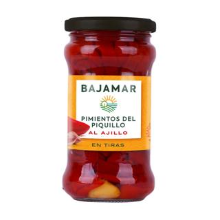 Pimientos Bajamar del piquillo al ajillo en tiras en su jugo tarro 280gr