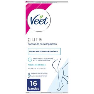Bandas de cera Veet depilatoria corporal pure piel sensible fría 16 unidades