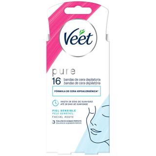 Bandas de cera Veet depilatoria facial pure piel sensible fría 16 unidades